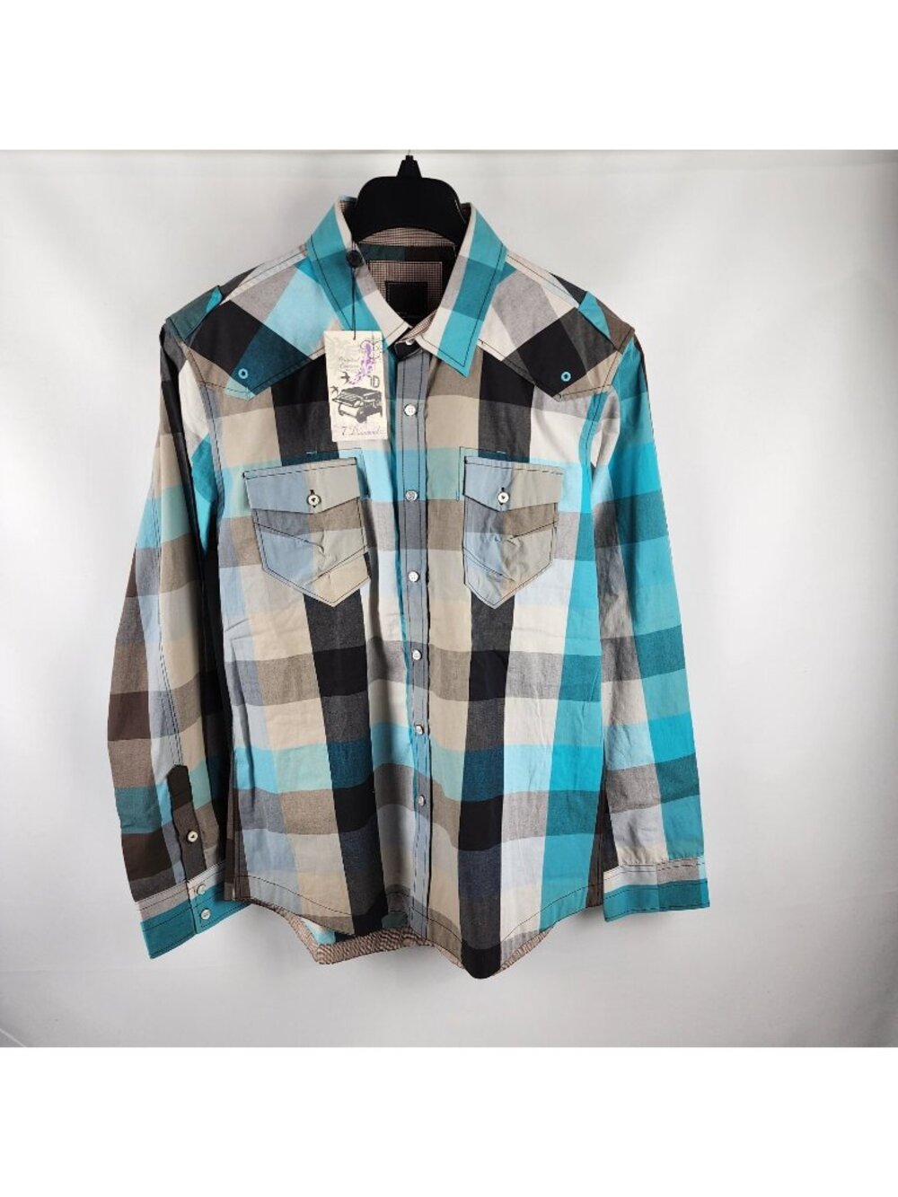 7 Diamonds Dress Shirt Mens Large Multi Check Ocean Eyes Button Up NWT